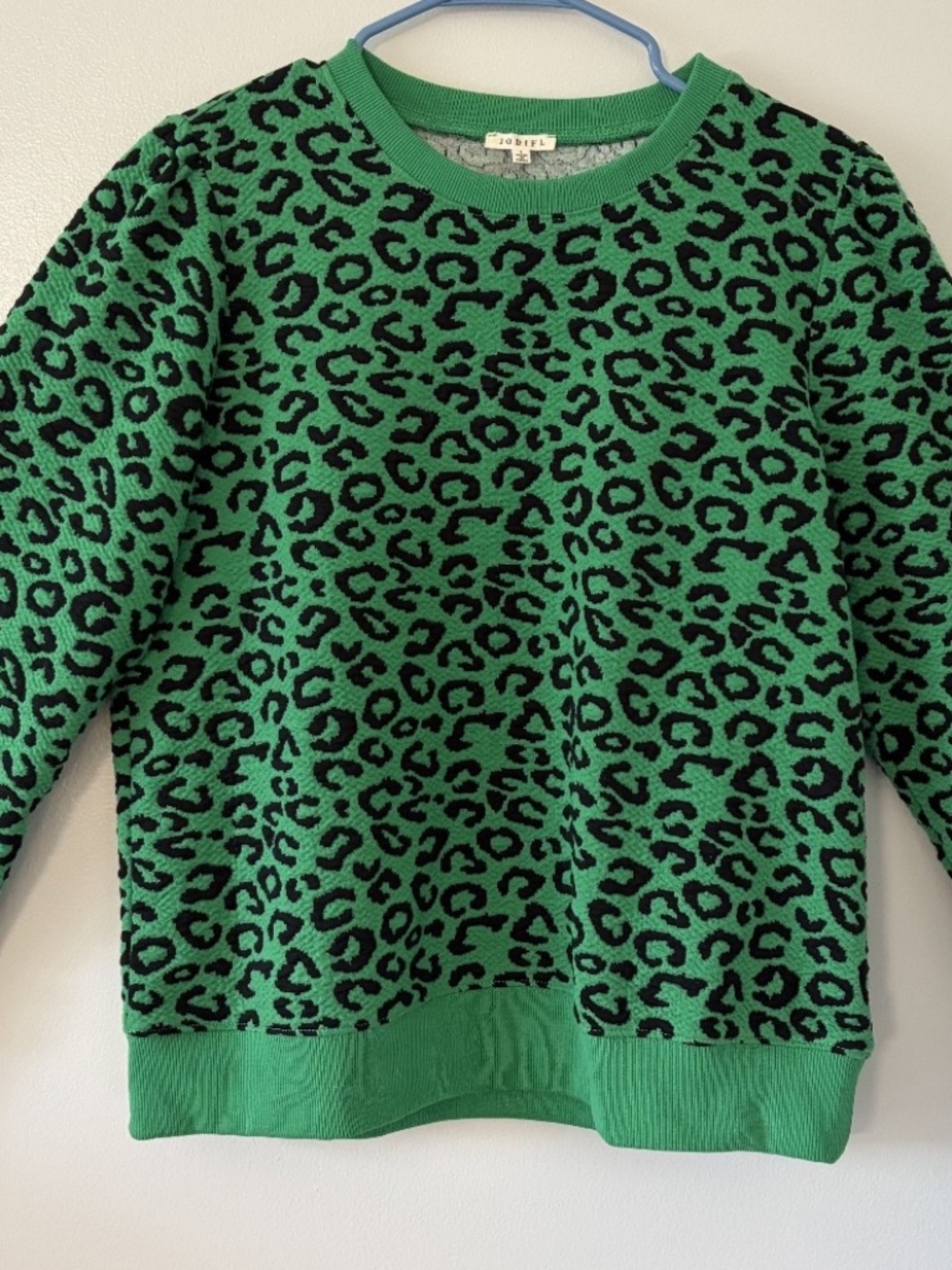 JODIFL Women's Large Green Black Animal Print Textured Sweater Pullover Top